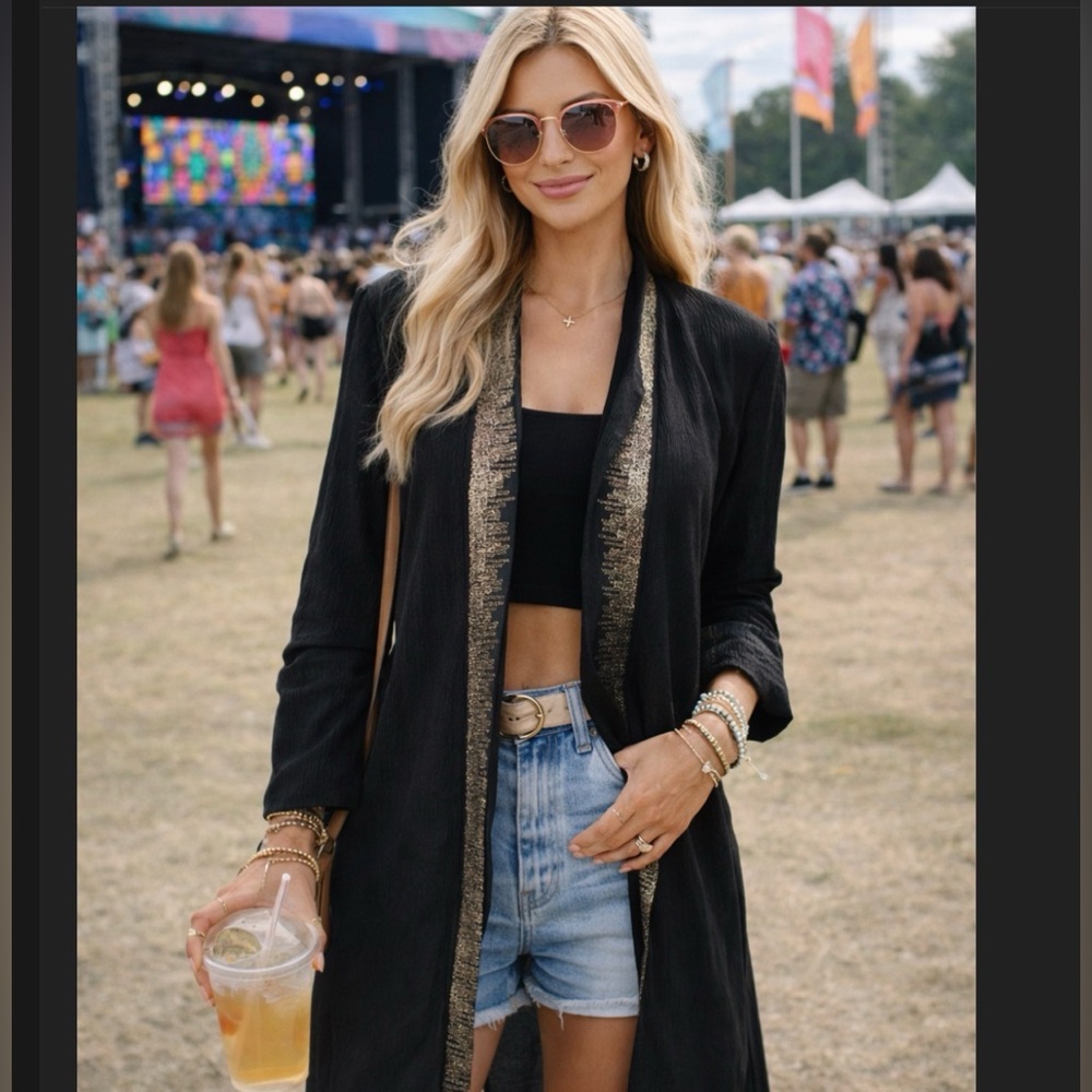 Black Gold Trim Duster Jacket Long Open Front Festival Boho Kimono M